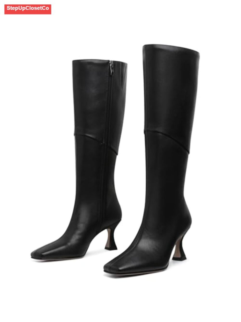 Kitten Heel Knee High Boots Faux Leather Square Toe Tall Fall Boots